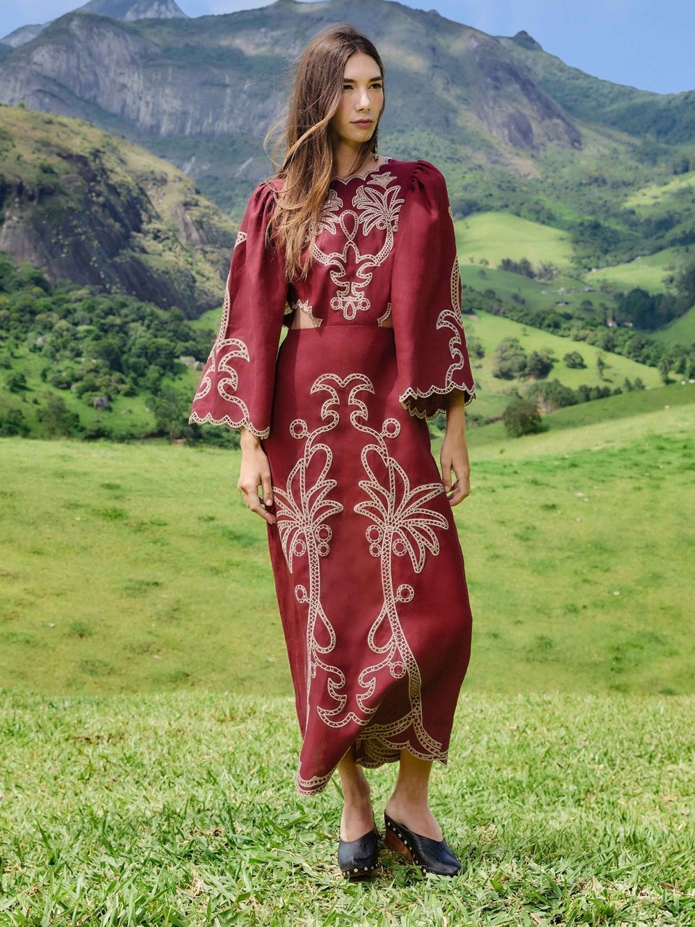 Farm Rio Red Artisanal Cut-Out Embroidered Maxi Dress
